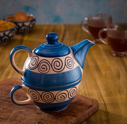 HS HINDUSTANI SAUDAGAR Microwave Safe Hand Painted Ceramic Single Tea Pot Kettle Set 400 ml Blue Spiral Printed
