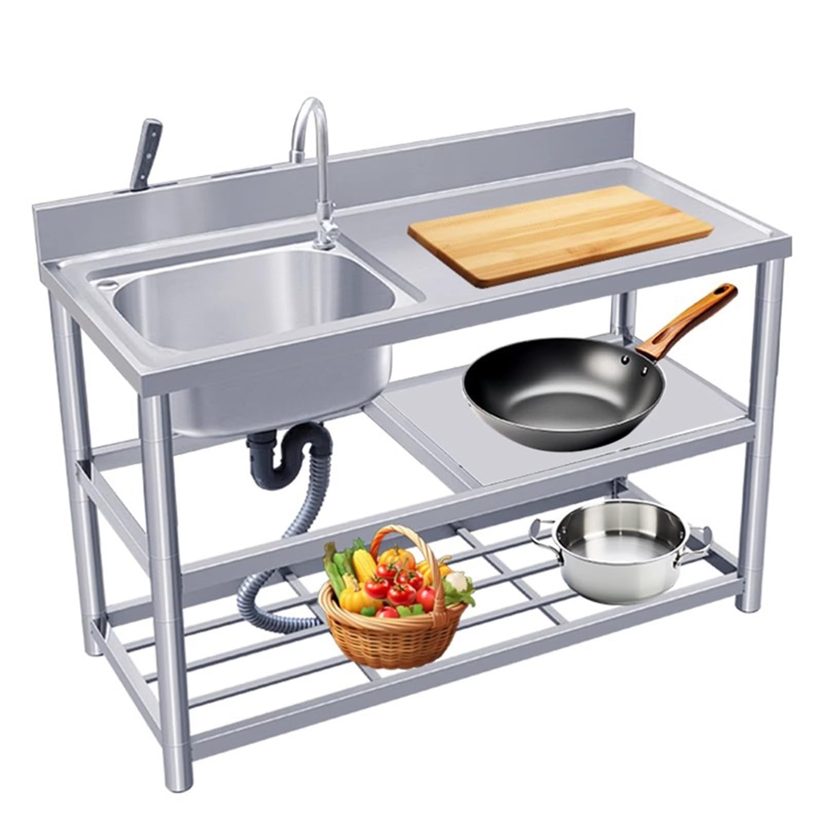 HCZKIUJY Kitchen Utility Sink,Stainless Steel Utility Sink, Freestanding Commercial Kitchen Sink with Workbench + Storage Shelf for Garage, Laundry Room, Farmhouse (Silver-80x50x80cm)