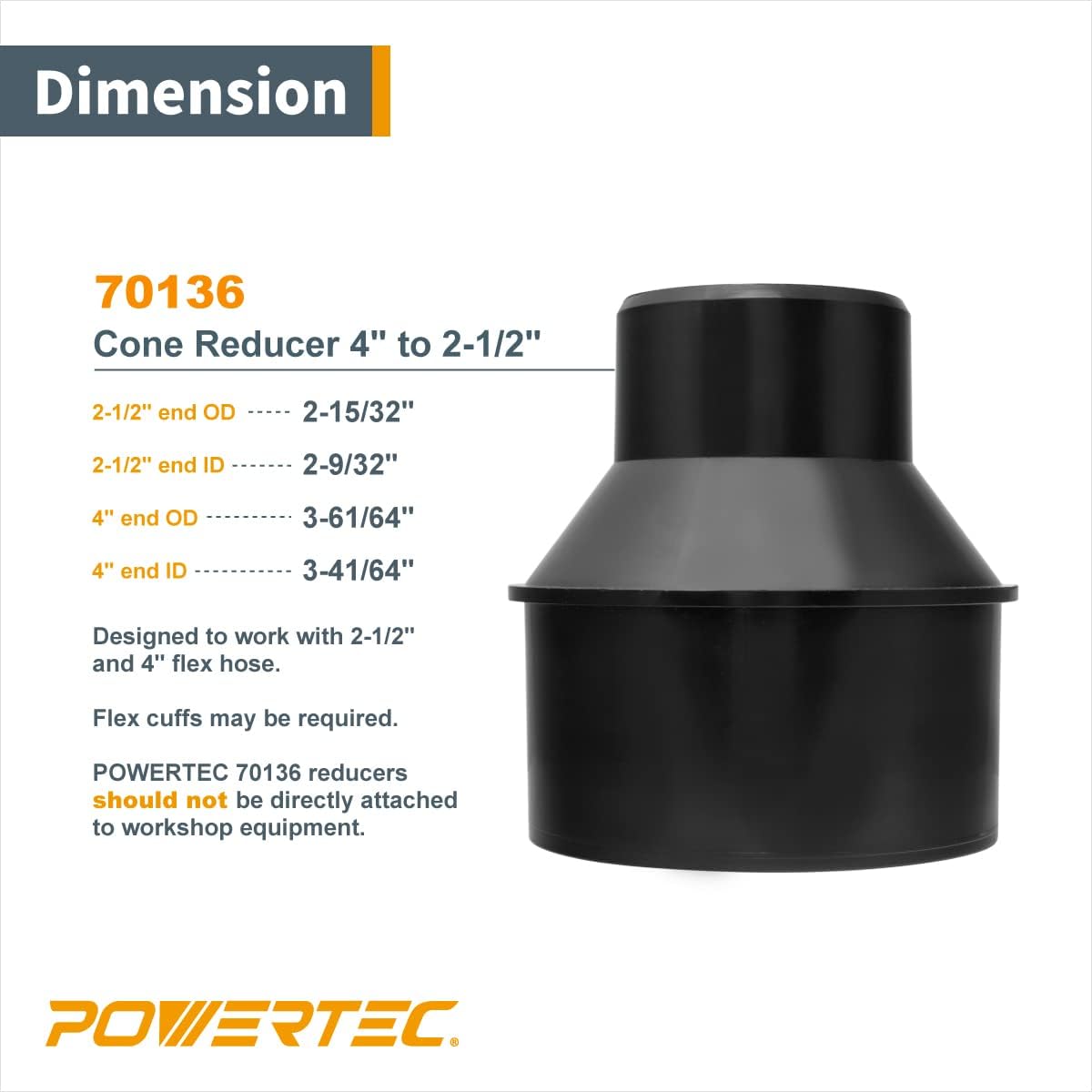 POWERTEC 4 Inch to 2-1/2 Inch Hose Cone Reducer w/Stainless Steel Key Clamps, Dust Collection Fittings for Dust Collection, Dryer Vent & Shop Vacuum Hose (70338-P2)