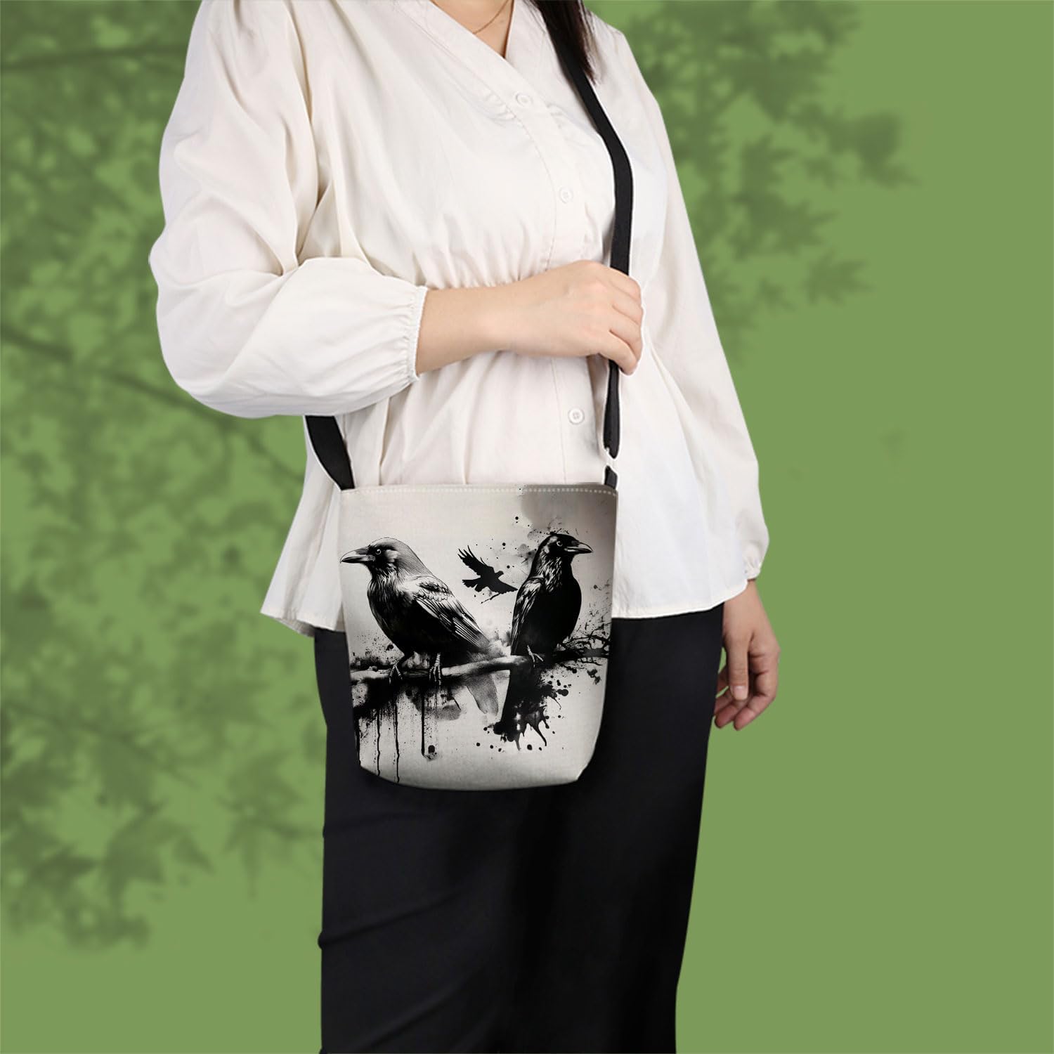 Ink Crow Print Canvas Crossbody Bag, Adjustable Strap Lightweight Purse with Top Zipper & Inner Pocket, Daily Shoulder Bag Gift for Women -5 - Image 2