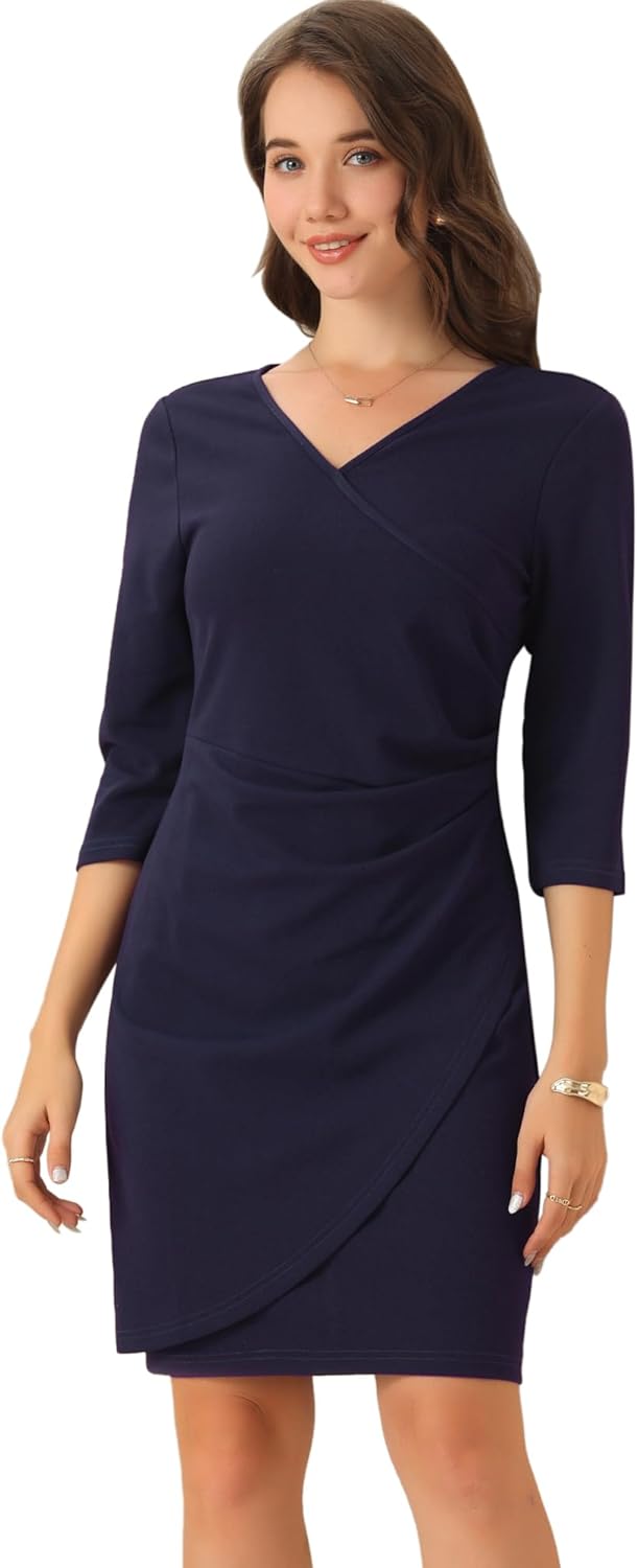 Allegra K Wrap Dress for Women’s 3/4 Sleeve Ruched V Neck Wedding Guest Elegant Midi Dresses
