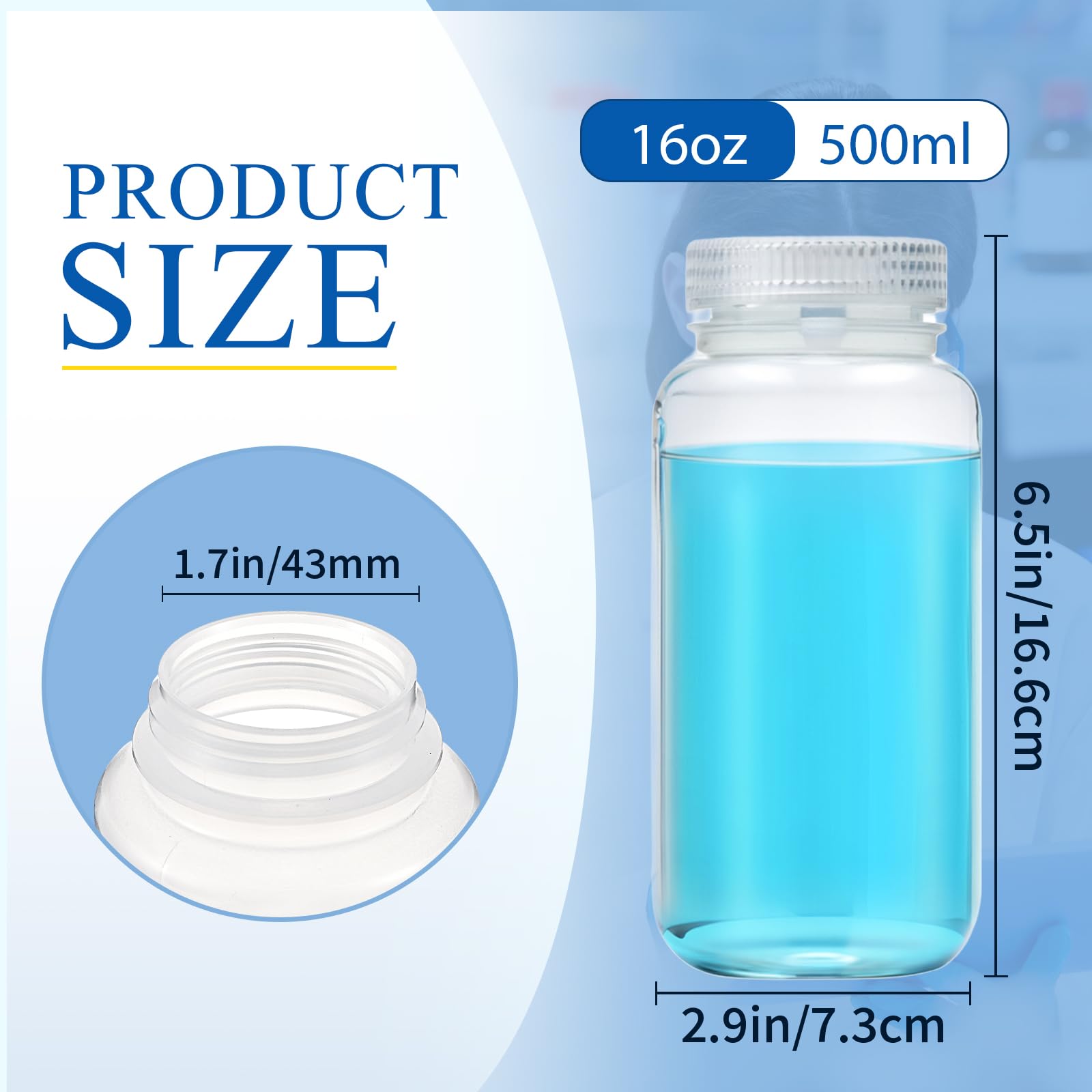 Hoolerry 48 botellas de plástico de 16 onzas/500 ml, botellas de reactivo de polipropileno de grado de laboratorio, botellas de reactivo de boca ancha, recipientes transparentes de almacenamiento de