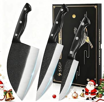 SSGP Butcher Knife Set of 3- Japanese Knife Set for Meat Cutting, Hand Forged Viking Knives Sets with Meat Cleaver, Heavy-Duty Kitchen Knives Sets for Bone BBQ Vegetable, Cooking Gifts for Men Dad