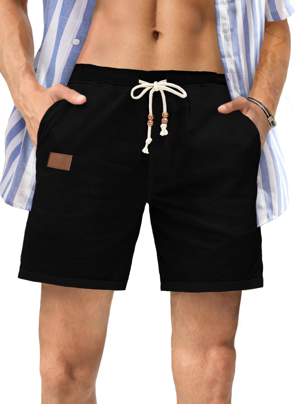 JMIERR Mens Casual 5"/ 7" Cotton Linen Shorts - Elastic Waist Drawstring Summer Beach Shorts with Pockets