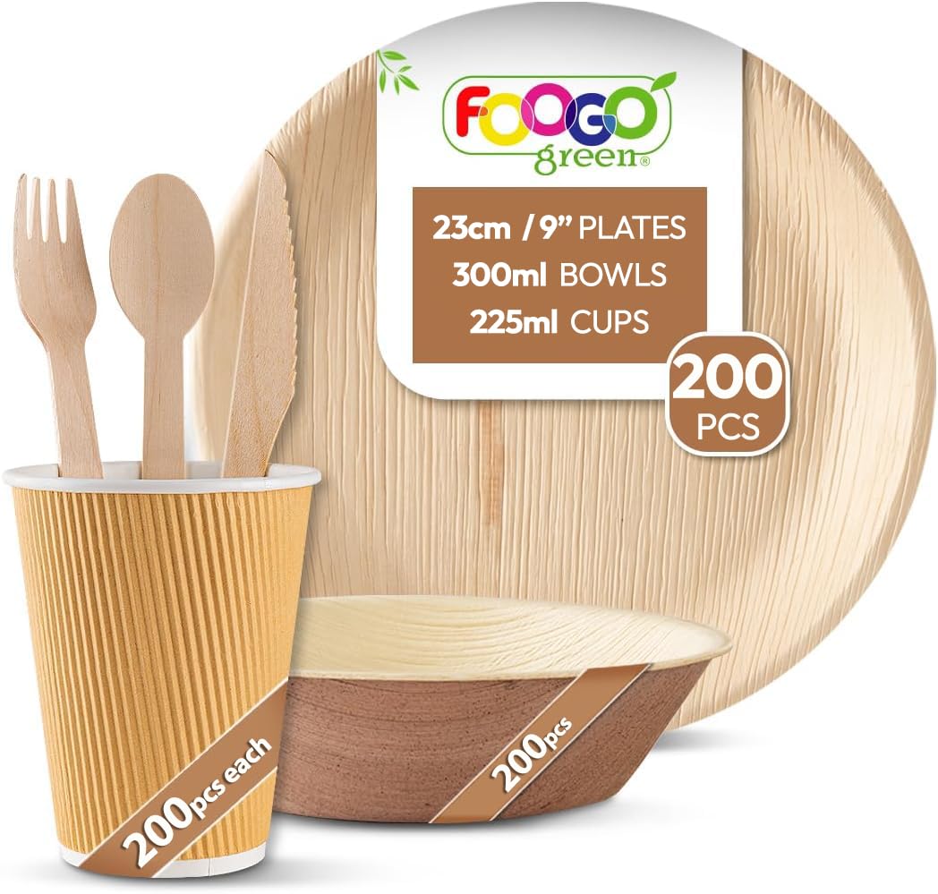 FOOGO Green 1200pcs Disposable Palm Leaf Plates and Bowls, Paper Cups and Wooden Cutlery Set, FSC® Certified, 200x Large Plates, 200x Bowls, 200x Cups, 200xForks, 200xKnives, 200x Spoons, Eco Friendly