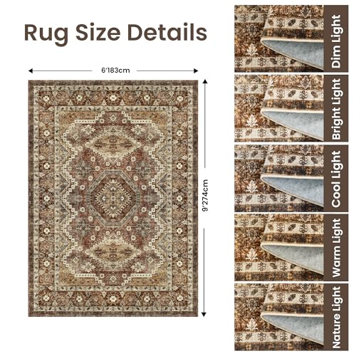 Rugland 6x9 Rug - Stain Resistant Washable Rug, Anti Slip Backing Rugs for Living Room, Vintage Tribal Area Rugs (TPR07-Rust, 6'x9')