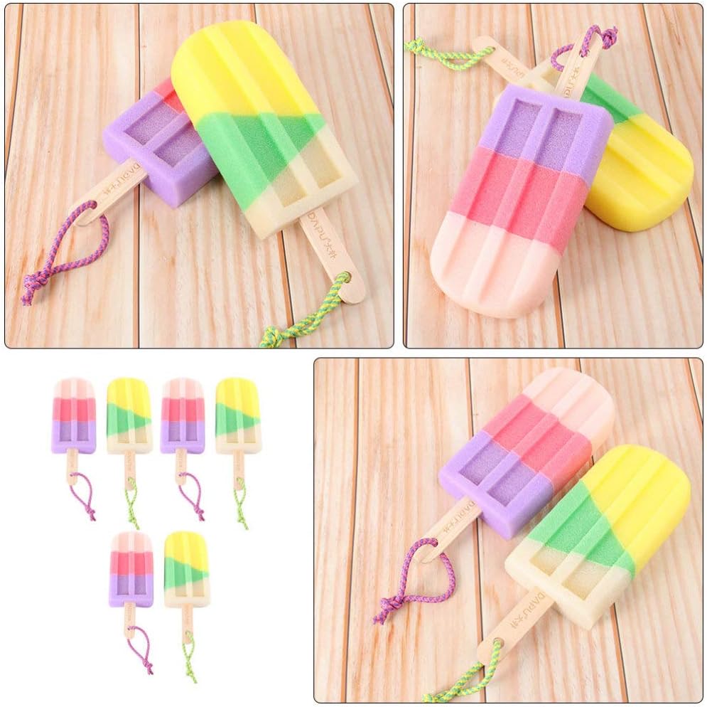 6Pcs Ice Cream Shaped Exfoliating Shower Body Sponge Scrubber Brush Exfoliate Shower Bath Body Skin Soft Scrubber Washer for Baby Kids Random Color
