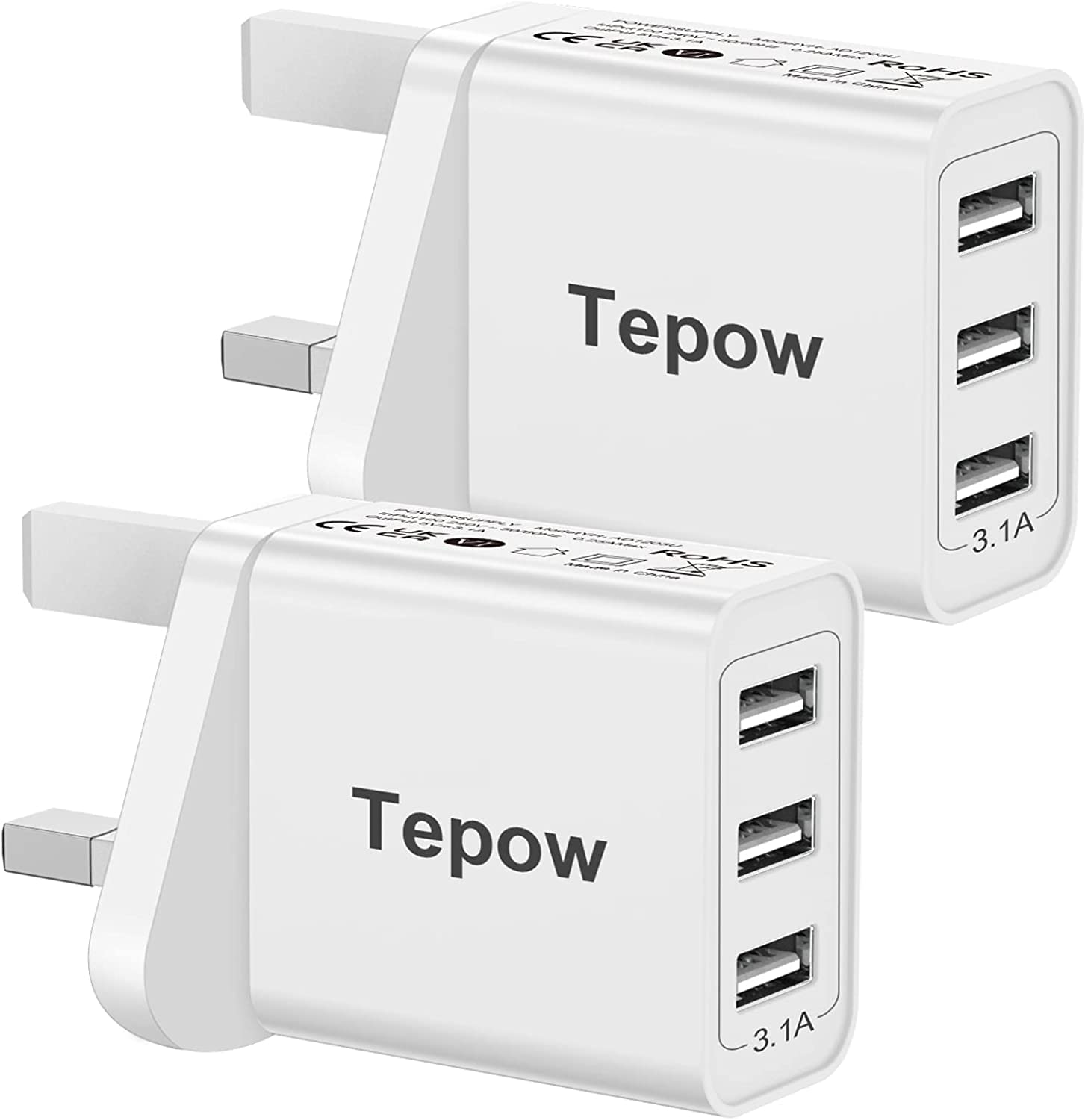 Multi USB Plug Adaptor UK, Multi USB Charger Plug UK 15W/3A 2Pack, Tepow 3 Port USB Wall Charger Adapter with Smart IC Fast Charging for iPhone 14/13/12/XS/XR/X/8/7/6 Plus,iPad,Samsung Galaxy,Huawei