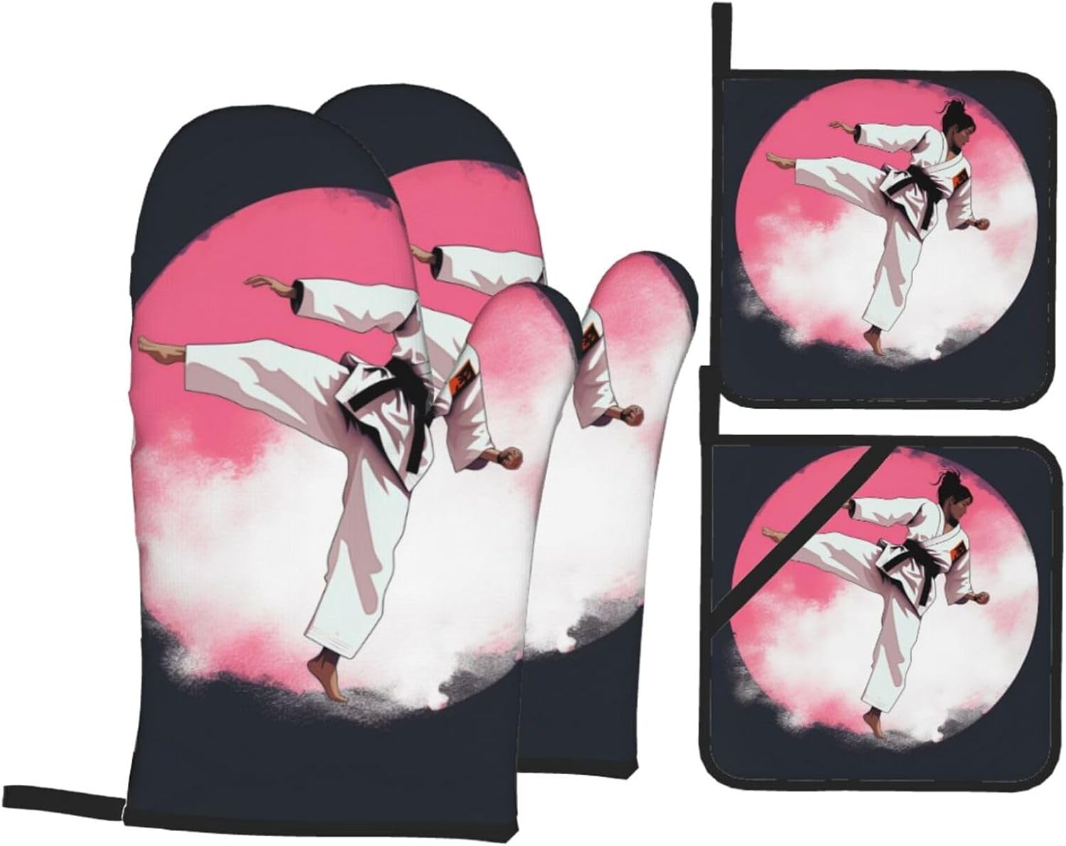 (Taekwondo Design) Baking 4-Piece Set: 2 Oven Mitts and 2 Pot Holders Heat Resistant Waterproof Hanging Loop for Kitchen Oven Grill Housewarming Gifts