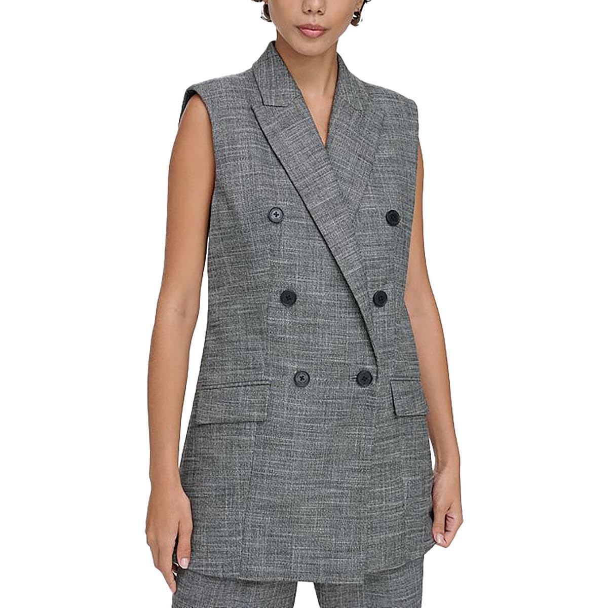 Calvin Klein Womens Solid Slub Double-Breasted Blazer Black 14