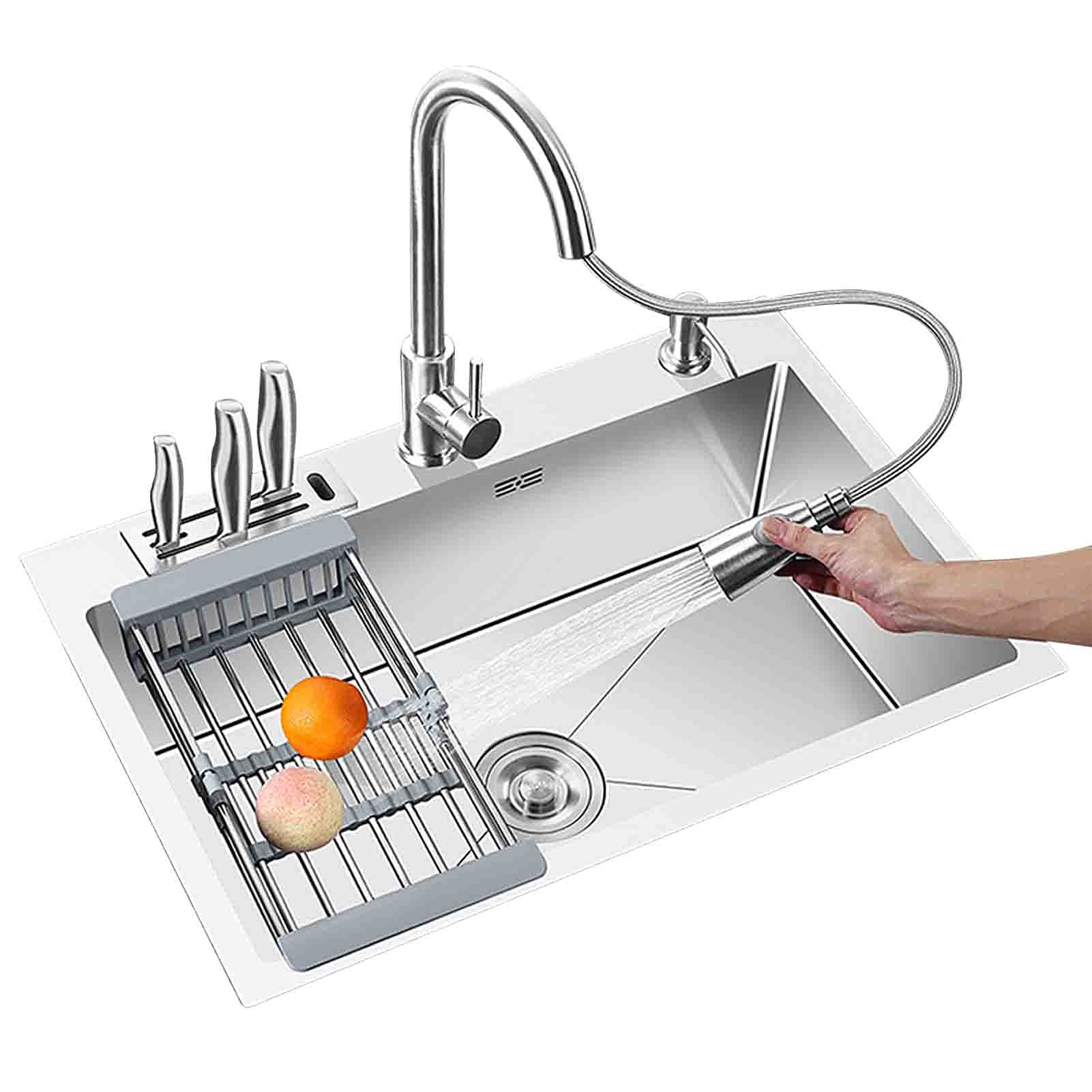 Évier de cuisine en acier inoxydable durable avec cuve carrée et robinet orientable argent