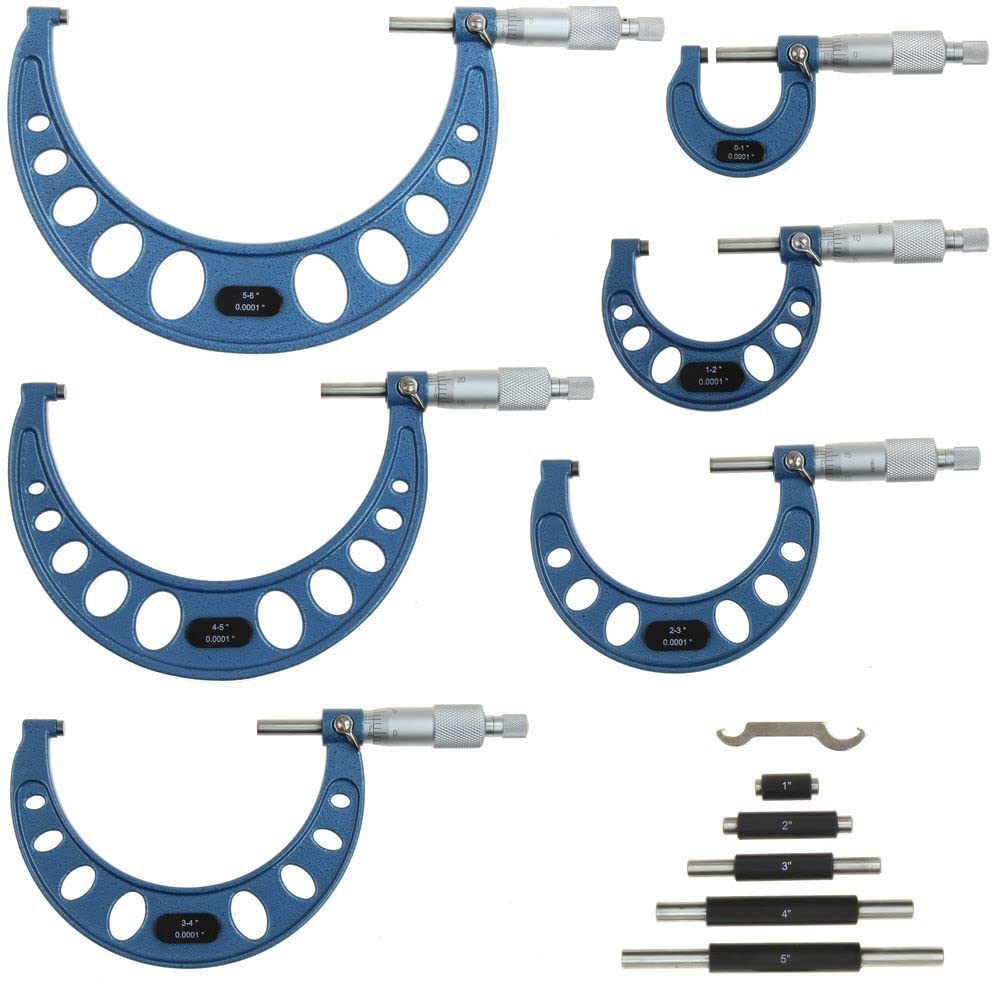 HARFINGTON Outside Micrometer Set 6-in-1 - 0-1", 1-2", 2-3", 3-4", 4-6" Range, 0.0001" Graduation, Carbide Tips, Ratchet Stop