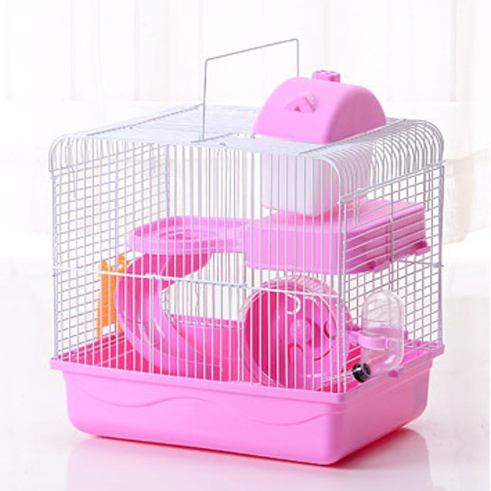 2-Tier Hamster Cage Habitat, Travel Carrier with Exercise Wheel Slide Kettle Food Dish Accessories Included (Pink)