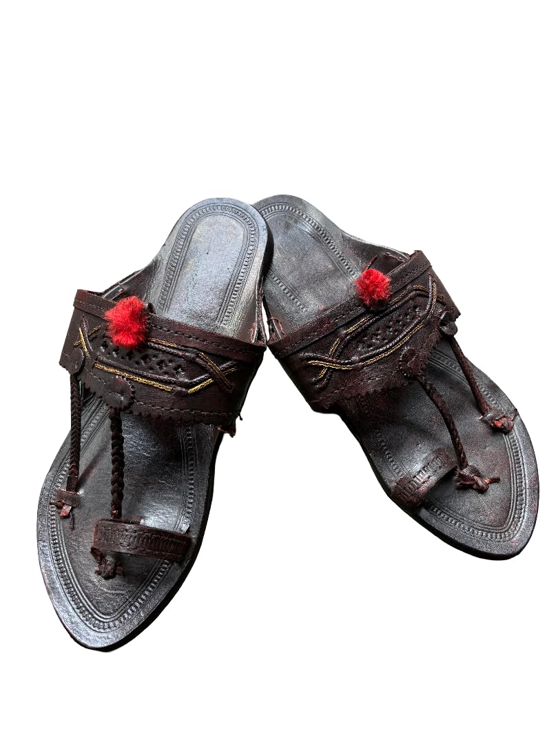 Handcrafted Men's Kolhapuri Chappals, Brown Leather with Red Pom Poms, Traditional Indian Sandals-picture-17
