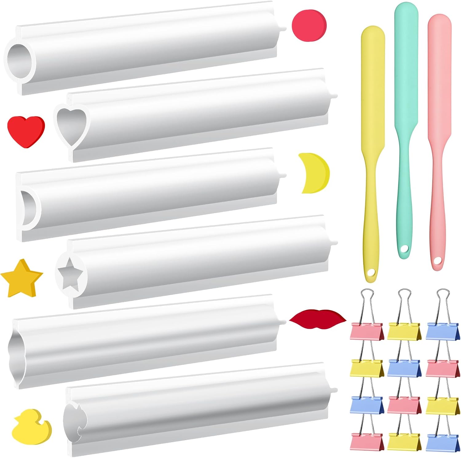 Ninehaoou Large Silicone Soap Mold Set, 6 Long Tube Column Molds for Embed Soaps, 12-inch Inserts (6 Shapes), 3 Spatulas and 12 Binder Clips(Cute)