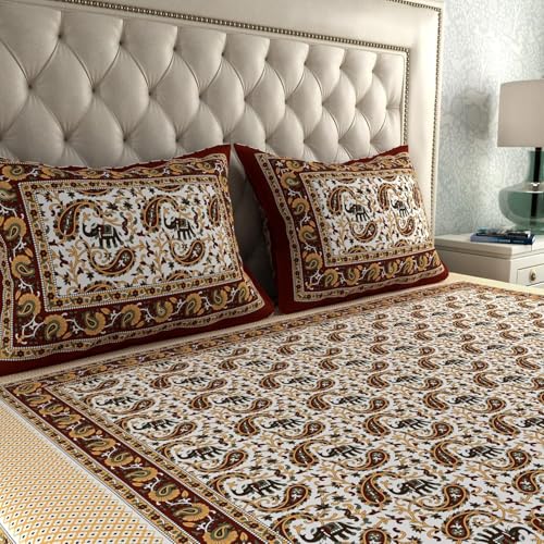 Image of La Verne 104 TC Cotton Double Bed Bedsheet Jaipuri Rajasthani Print Bedsheet with 2 Pillow Covers (Red)