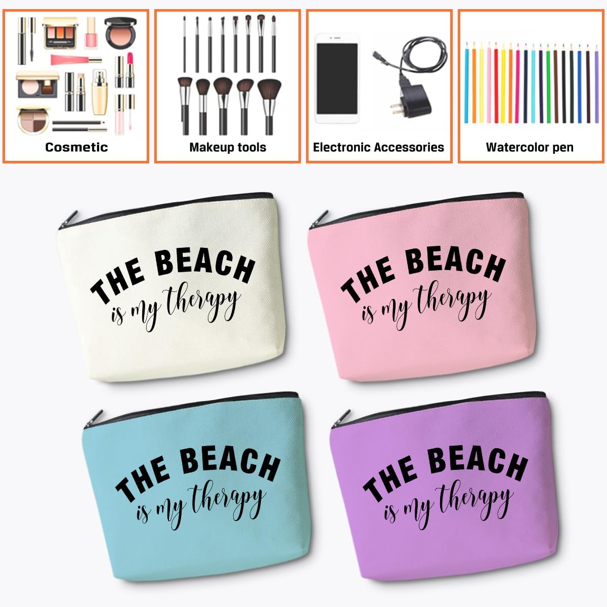 4PCS Beach Vacation Essentials Makeup Bag, Cute Cosmetic Bags for Women, Beach Accessories Travel Toiletry Bag Girls Trip Girls Weekend Gifts for Women Summer Vacation Christmas Birthday - Image 6