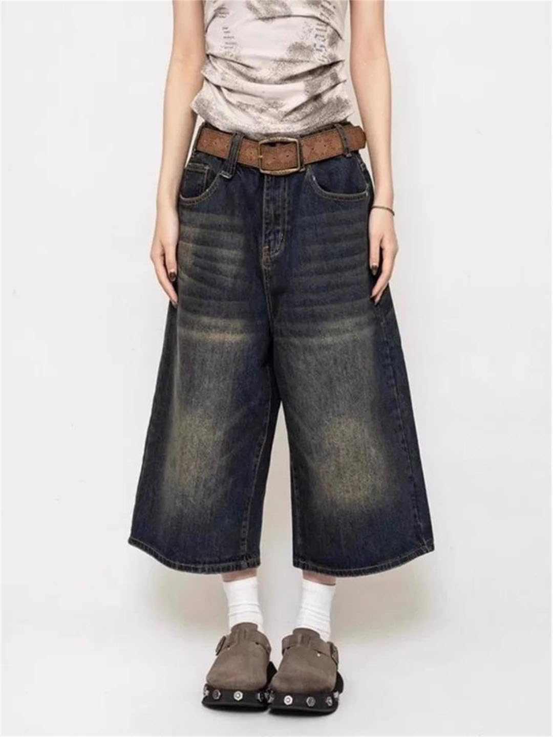Damskie casualowe szerokie nogawki workowate denim High Street Retro wysoka talia tandetne szorty, Czarny, M