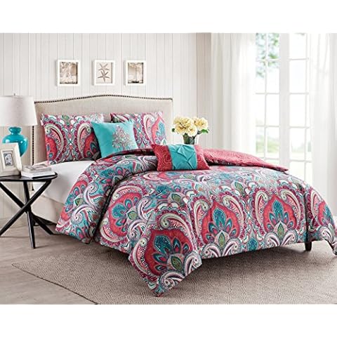 VCNY Home - Quilt Set, 5-Piece Paisley Bedding with Matching Shams & Decorative Pillows, Reversible, Boho Home Decor (Casa Re'al Collection, Full/Queen) Cover