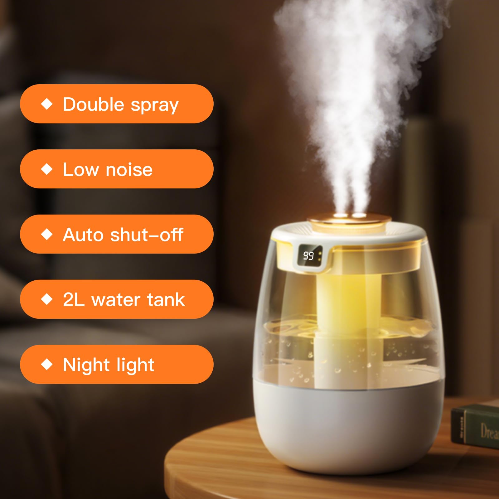 Condition photo showing New/Like New for Double Spray Air Humidifier for Bedroom, 2L Quiet Cool Mist Humidifier for Plants Dorm Room Office Home Car Personal Humidificador with Digital Display 3 Mist Modes & Night Light