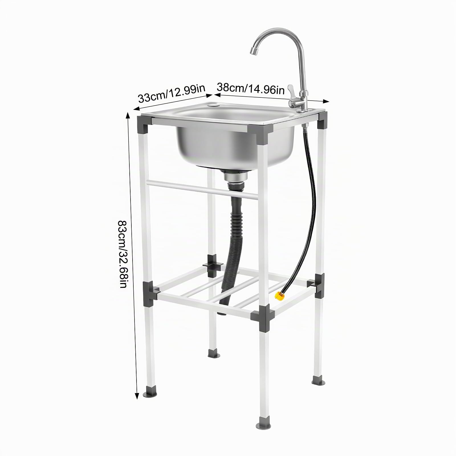 Lavabo Indipendente in Acciaio Inox, Lavello Per Cucina con Rubinetto Dell'acqua Fredda e Cestello Filtro, Lavello Da Esterno con Scarico, Massima 60 kg (38 x 33 x 83 cm)