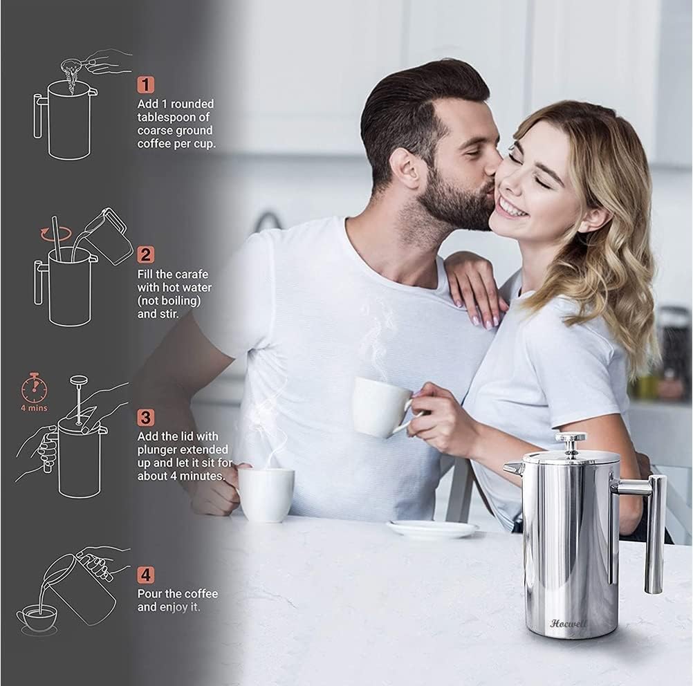 French Press Coffee Maker, Double Wall Insulated with 304 Grade Stainless Steel Material with 2 Extra Screens,34oz (1 Litre), Silver