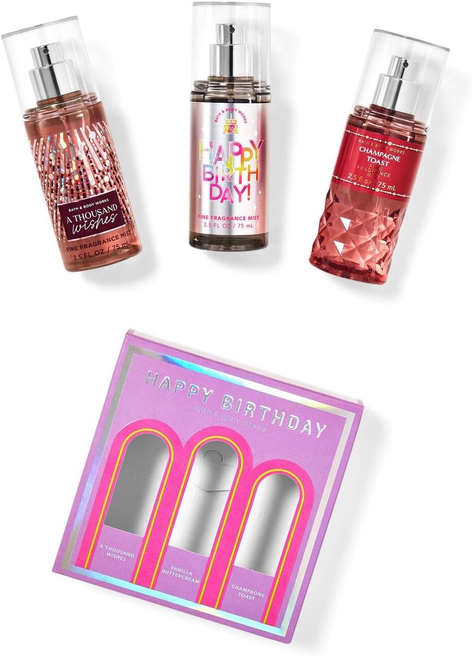 Bath & Body Works Fine Fragrance Mist Gift Set, Happy Birthday Gifts for Women - 3-Pack includes Champagne Toast, A Thousand Wishes, and Vanilla Buttercream Happy Bday - 2.5 fl oz ea Mini Mist Sprays
