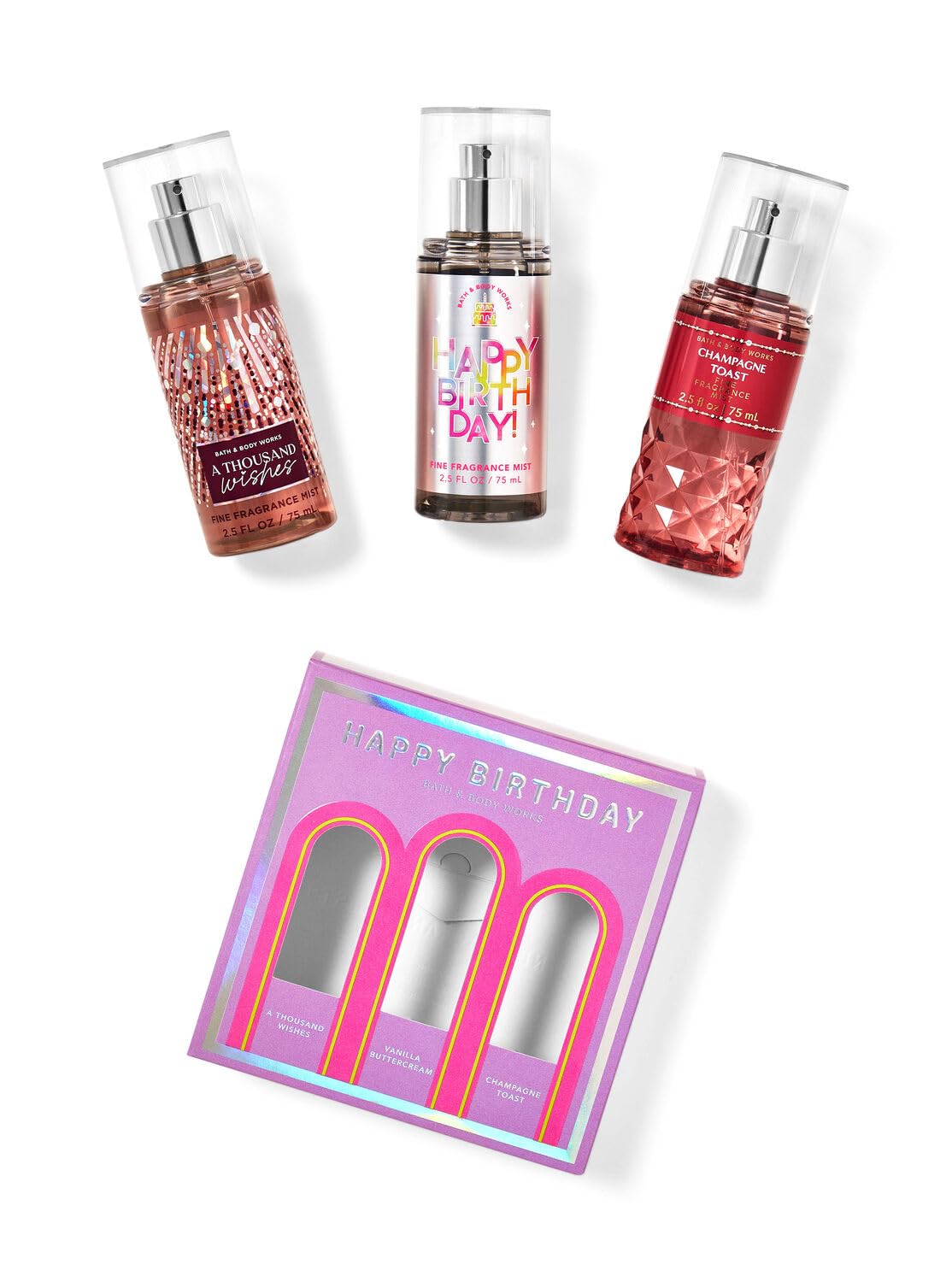 Bath & Body Works Fine Fragrance Mist Gift Set, Happy Birthday Gifts for Women - 3-Pack includes Champagne Toast, A Thousand Wishes, and Vanilla Buttercream Happy Bday - 2.5 fl oz ea Mini Mist Sprays