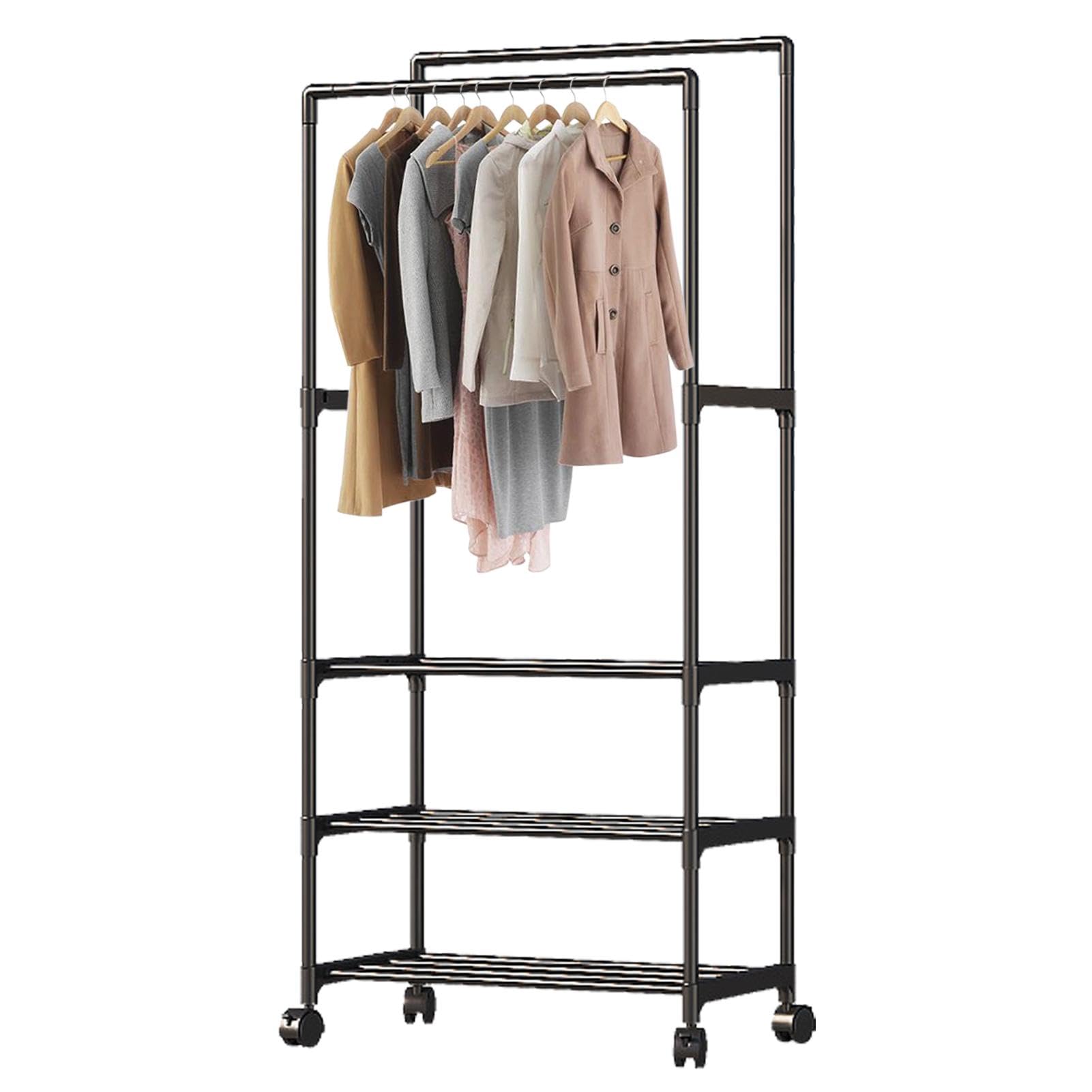 Portant à vêtements à roulettes double barre pour ranger manteaux et robes froissés