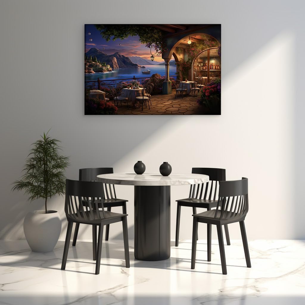 Canvas for Living room. Starry Night Serenade � An Enchanted Balcony Dining Experience Overlooking the Tranquil Sea, 27 x 18 inch Canvas Wall Art - Abstract Expressionist - Modern Home Decor