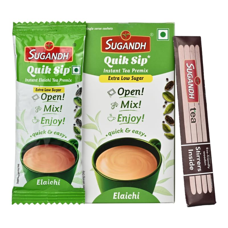 Image of Sugandh Quik Sip Instant Elaichi Chai Premix Unsweetened (Pack of 2) - Single Serve Sachets - 2 Boxes of 10 Sachets each