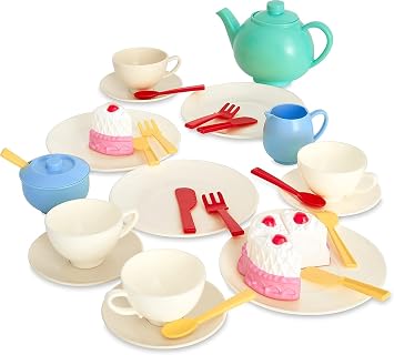 Casdon 36-Piece Tea Set - Colorful Toy Playset with Teapot, Milk Jug, Cups & Saucers, Cake, More - Suitable for Preschool Toys - Playset for Children Aged 3+