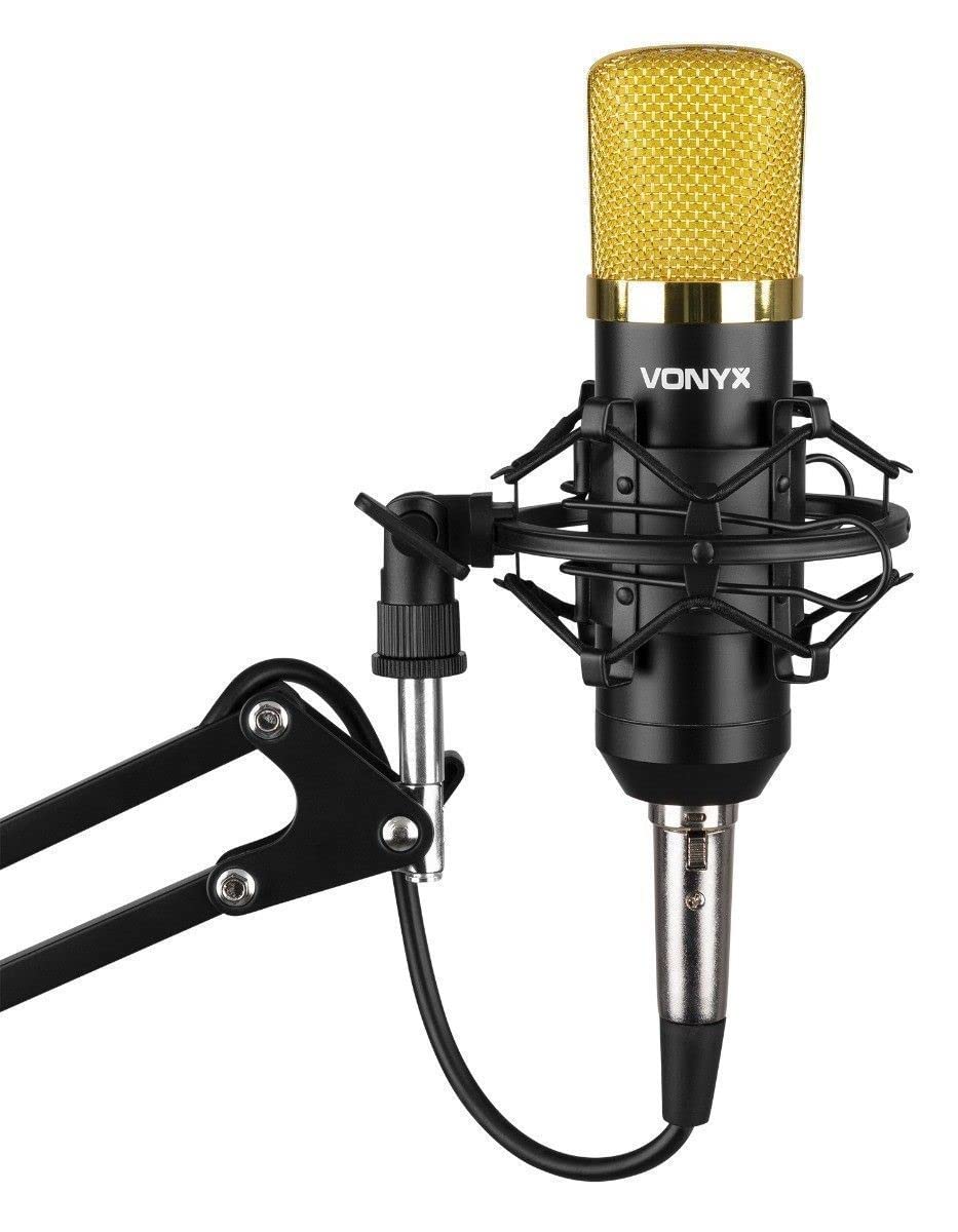 Vonyx CMS400B Set microfono Condensador de Estudio, Soporte de Mesa articulado, Anti-Pop, Paravientos y Cable. microfono Streaming, Podcast, Gaming, Youtube, microfono para pc, Color Negro y Dorado