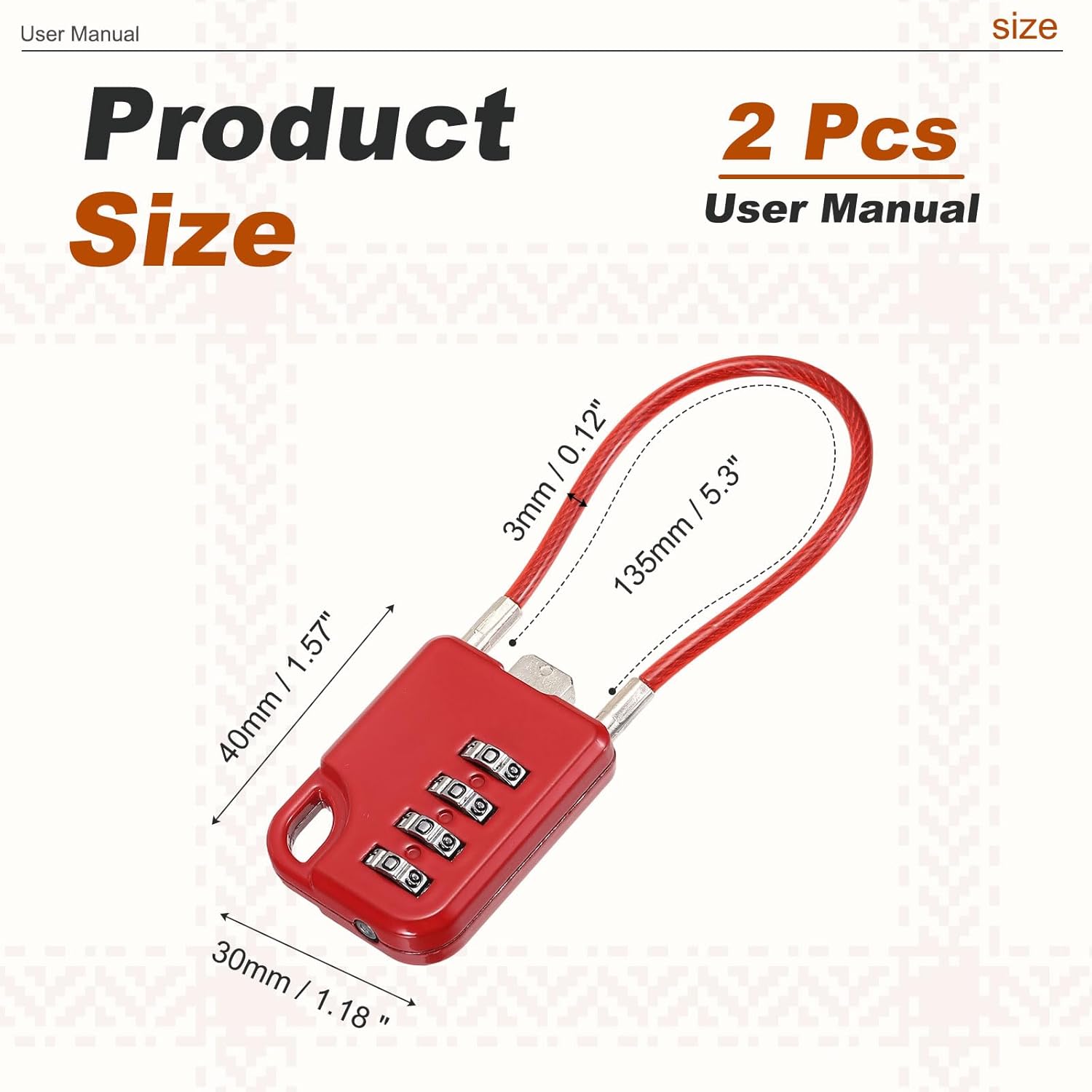 PATIKIL Combination Padlock (5.3 Inch, Red) (2 Pcs), 4-Digit Combo Padlock Luggage Locks with Coated Steel Wire Rope, Suit for Gym Locker/Fence/Storage/Backpack/Toolbox/Cabinets