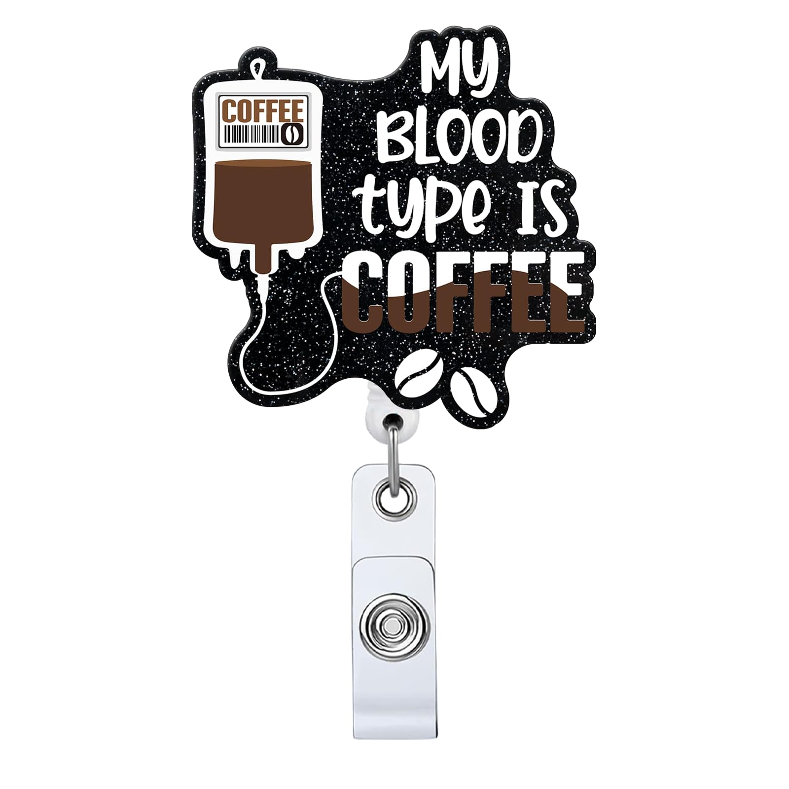 My Blood Type is Coffee Retractable Badge Reel, Funny ID Clip Name Tag Card Gift for Doctor Nurse Social Worker Colleague Teacher Coffee Lover