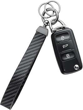 JUSTTOP Leather Wristlet Keychain, Carbon Fiber Car Key Chain with Anti-Lost D-Ring and 2 Key Rings, Compatible with Most Car Keys, Car Accessories, A Great Gift for Men and Women Black