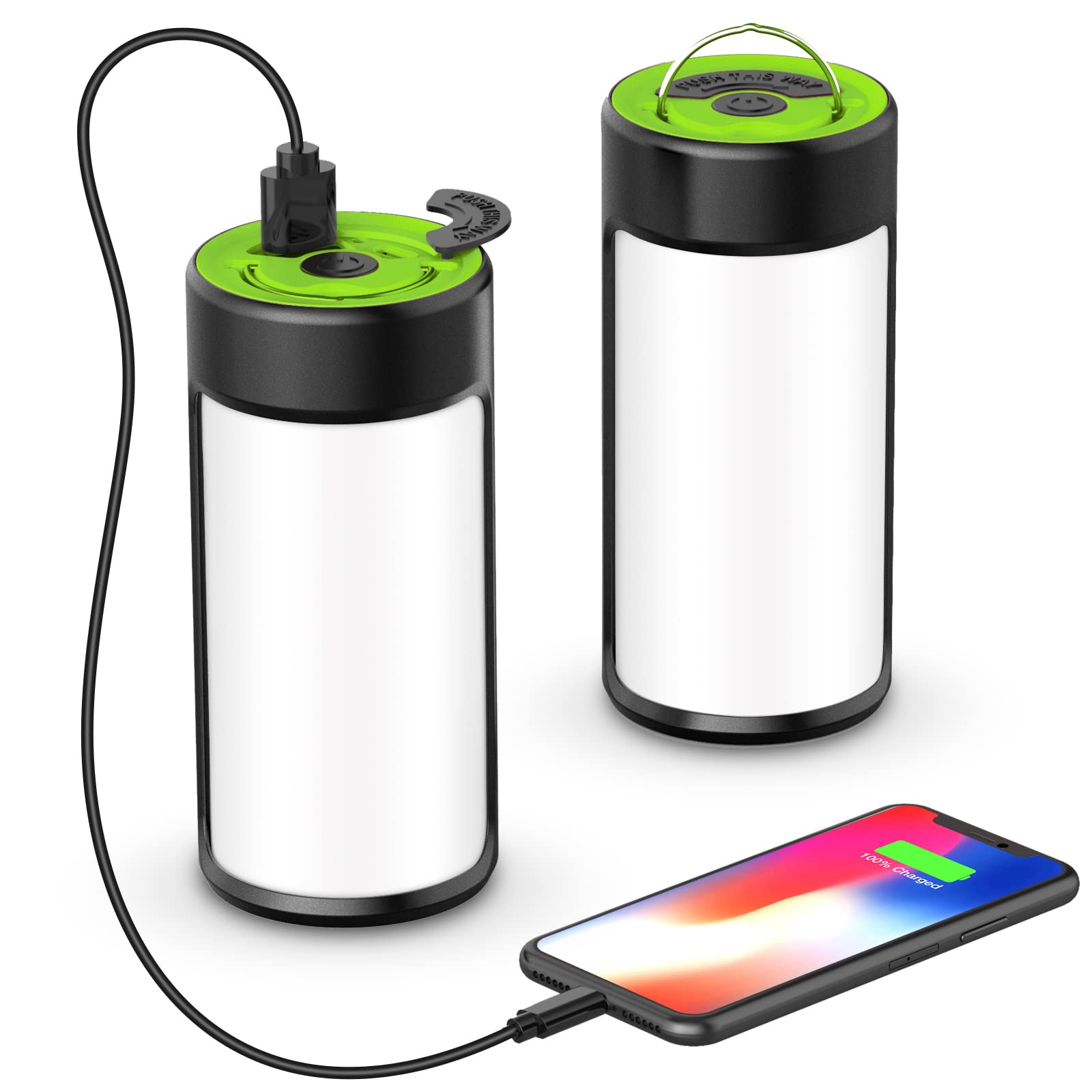 LED Camping Lantern, CT CAPETRONIX Rechargeable Camping Lights with 400LM 5 Light Modes, Water-Resistant Lanterns for Power Outage Hurricane Emergency Camping (2 Pack, Black & Green)