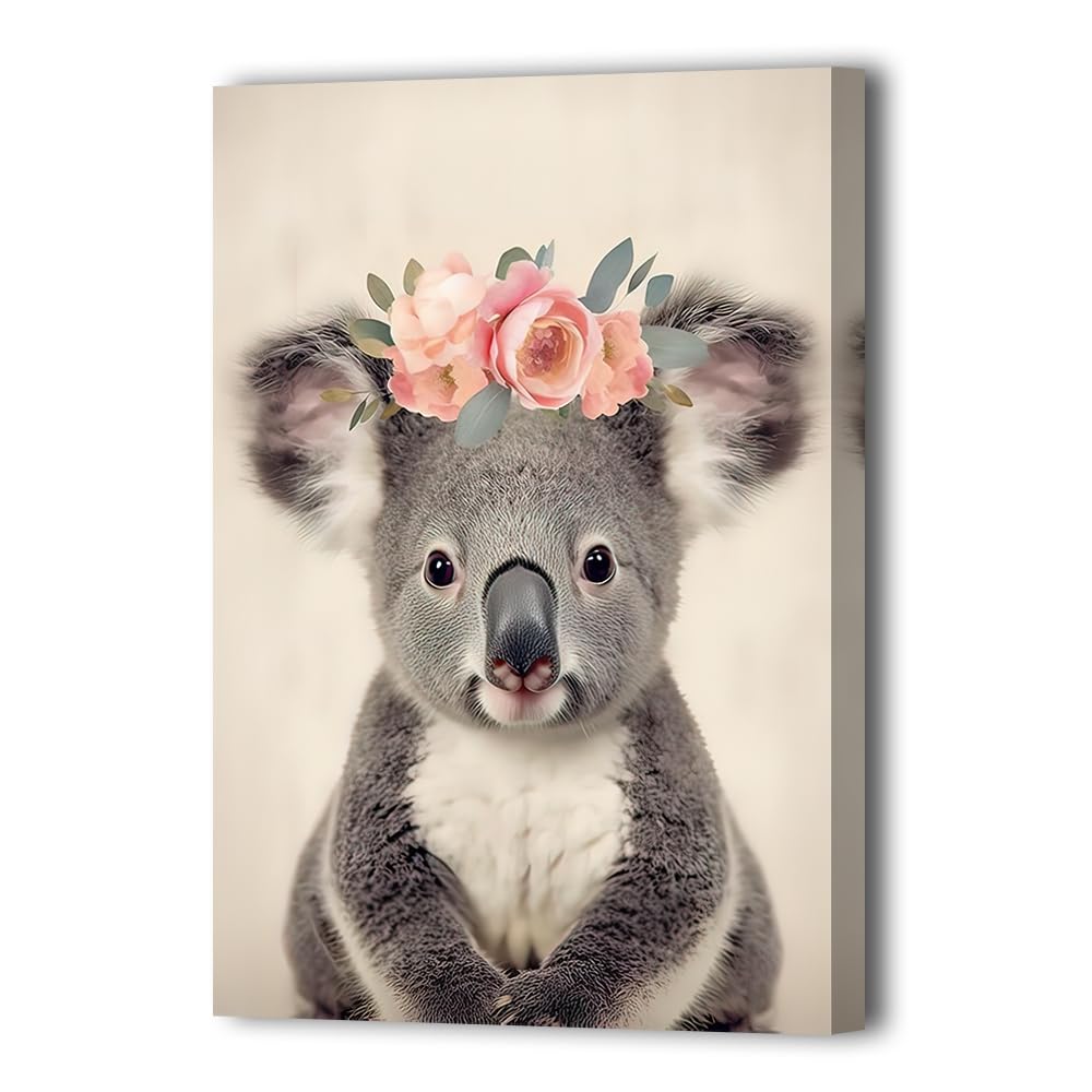 LURENCZH Nursery Animal Canvas Wall Art Koala and Flower Picture Prints Safari Animal Paintings for Kid Room Bedroom Decor Framed(Animal-3,12.00" x
