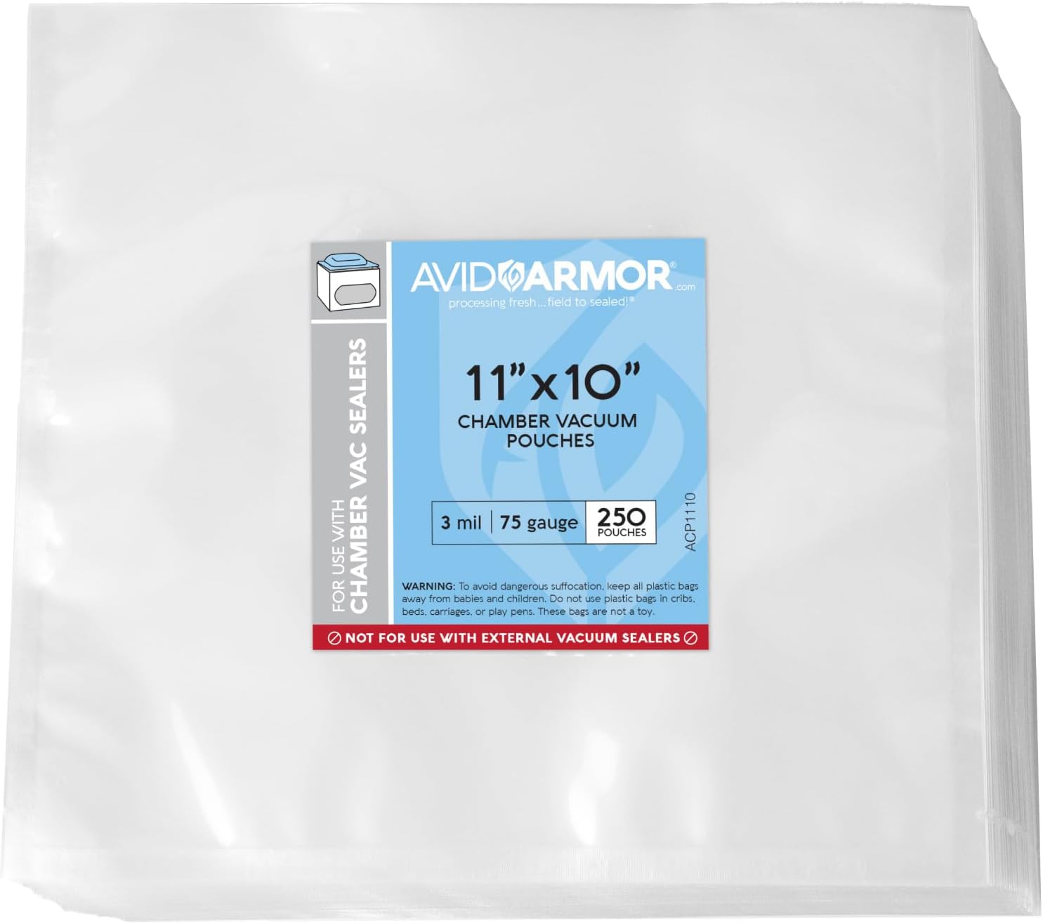 Chamber Machine Vacuum Pouches 11" x 10" Size 3MIL Pre-Cut Heavy Duty Bags 250 Pack BPA Free Sous Vide Safe - NOT COMPATIBLE WITH FOODSAVER TYPE VACUUM SEALERS - Commercial Use Grade Avid Armor