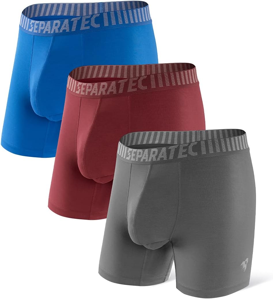 Separatec Men's Boxer Briefs Modal Stretch Breathable Separated Dual Pouch Underwear Trunks, Tagless, Soft, Hipsters Fitted Boxer Shorts 3 Pack, S-XL
