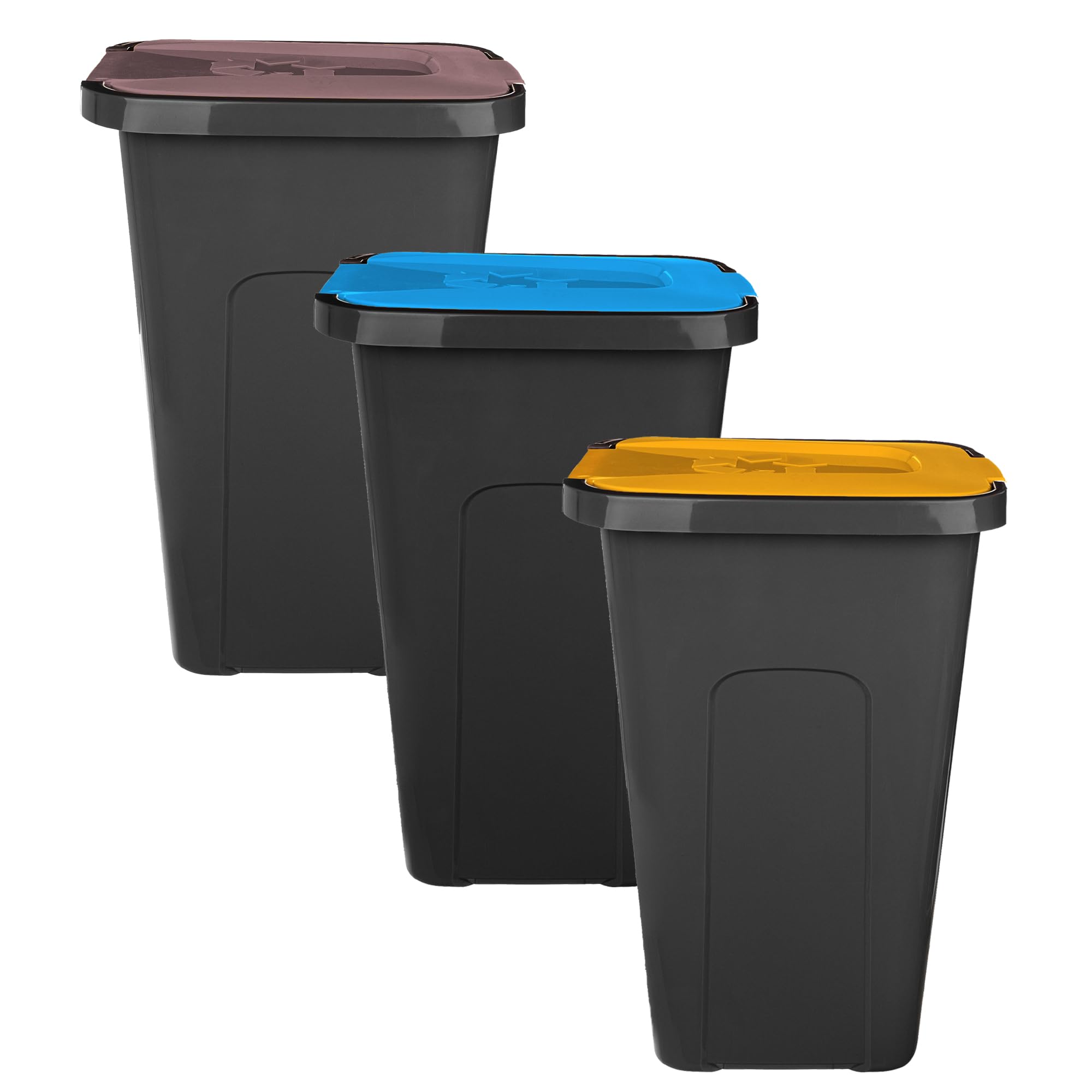 KADAX Juego de cubos de basura de 3 x 30 l, juego de cubos de basura para sistema de reciclaje, cubo de basura de plástico con tapa abatible (3, marrón, amarillo y azul)