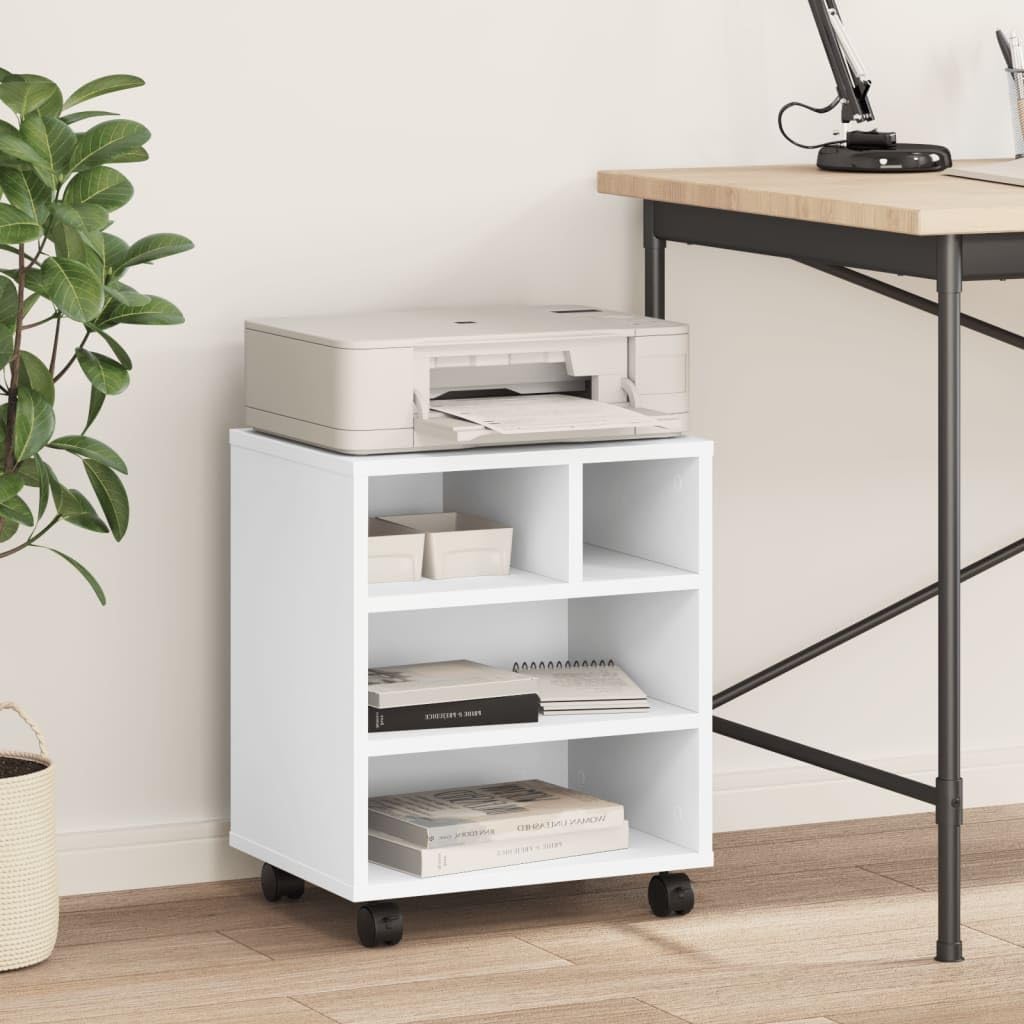 Générique Supporto per stampante con ruote bianco 41 x 32 x 48 cm, tavolo stampante in legno di ingegneria con 2 ruote bloccabili, mensola portaoggetti per forniture per ufficio, cartelle