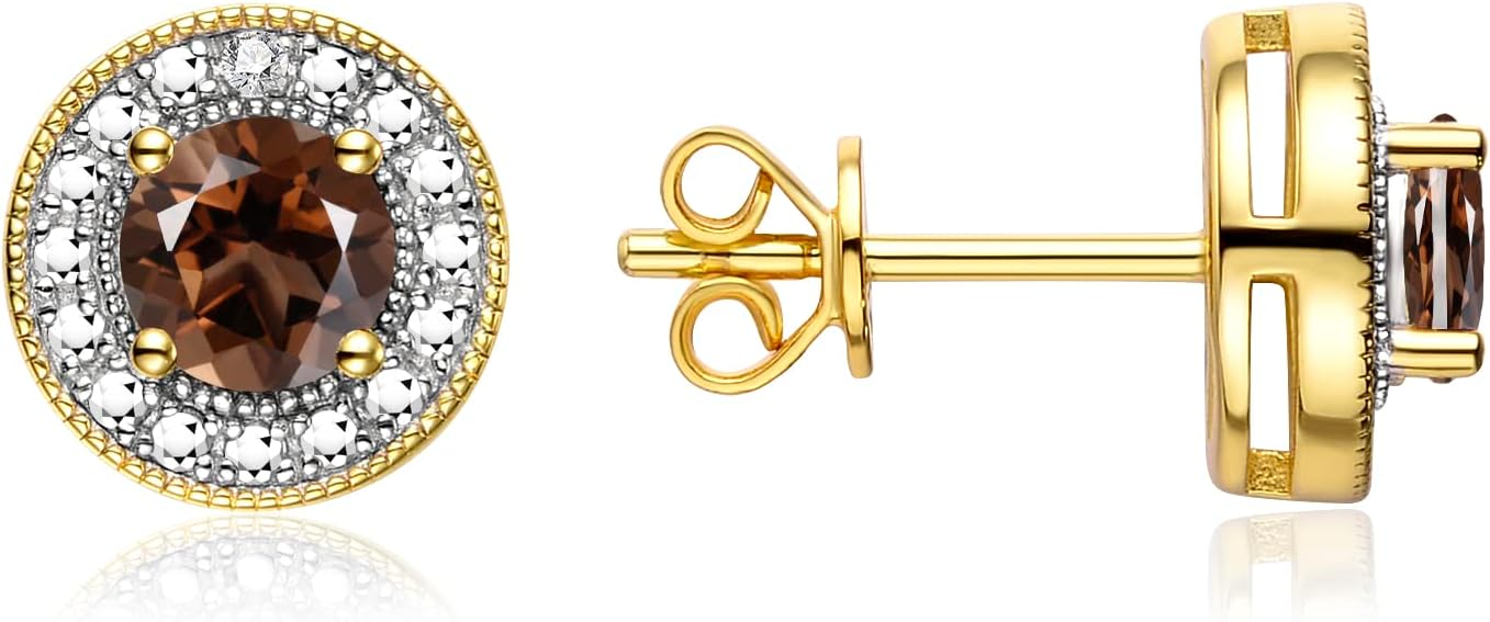 RYLOS Yellow Gold Plated Silver Halo Stud Earrings - 4MM Round Gemstone & Diamonds - Exquisite Birthstone Jewelry
