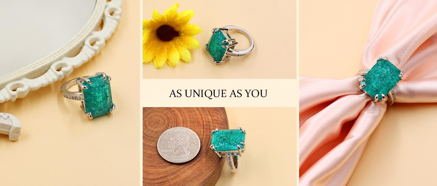 Uloveido 0.5"*0.7" Rectangle Stone Halo Index Finger Anniversary Rings for Women, Green Cubic Zirconia Imitated Paraiba Tourmaline Ring - Image 9