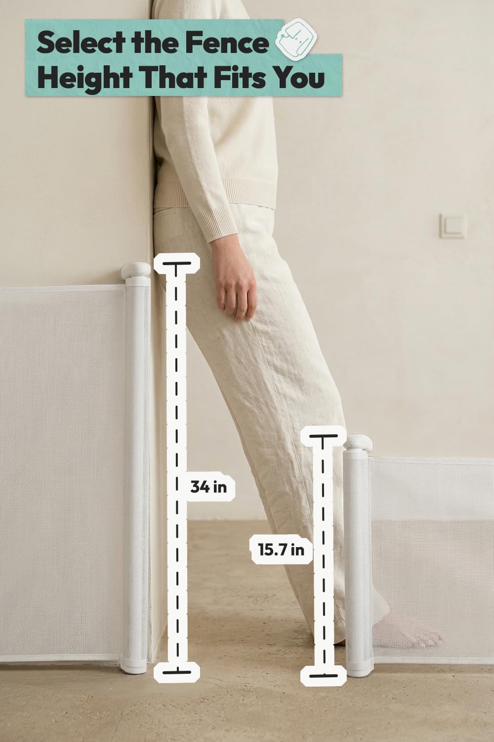 78 cm hohes Hundeschutzgitter aus Netz, ausziehbar bis 305 cm Breite, zum Bohren, kleines Hundegitter für Treppen, leicht übersteigbares Welpengitter für Türen, innen und außen, weiß