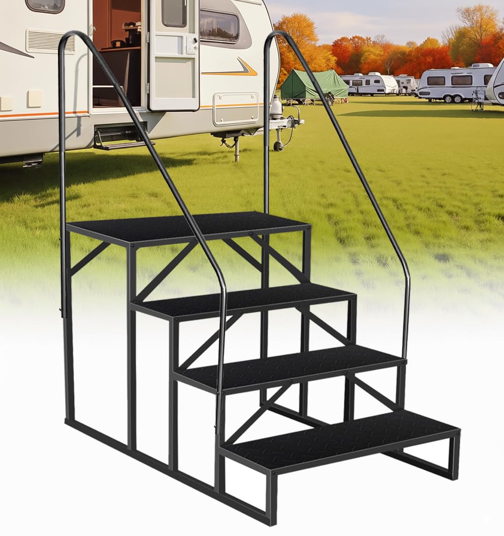 RV Steps with 2 Handrails, 4 Step RV Stairs 660lbs Load Capacity, Heavy Duty Camper Steps with Wide &amp; Anti-Slip Platform, Portable Outdoor Metal Entry Stairs for Hot Tub, Mobile Home, Travel Trailers