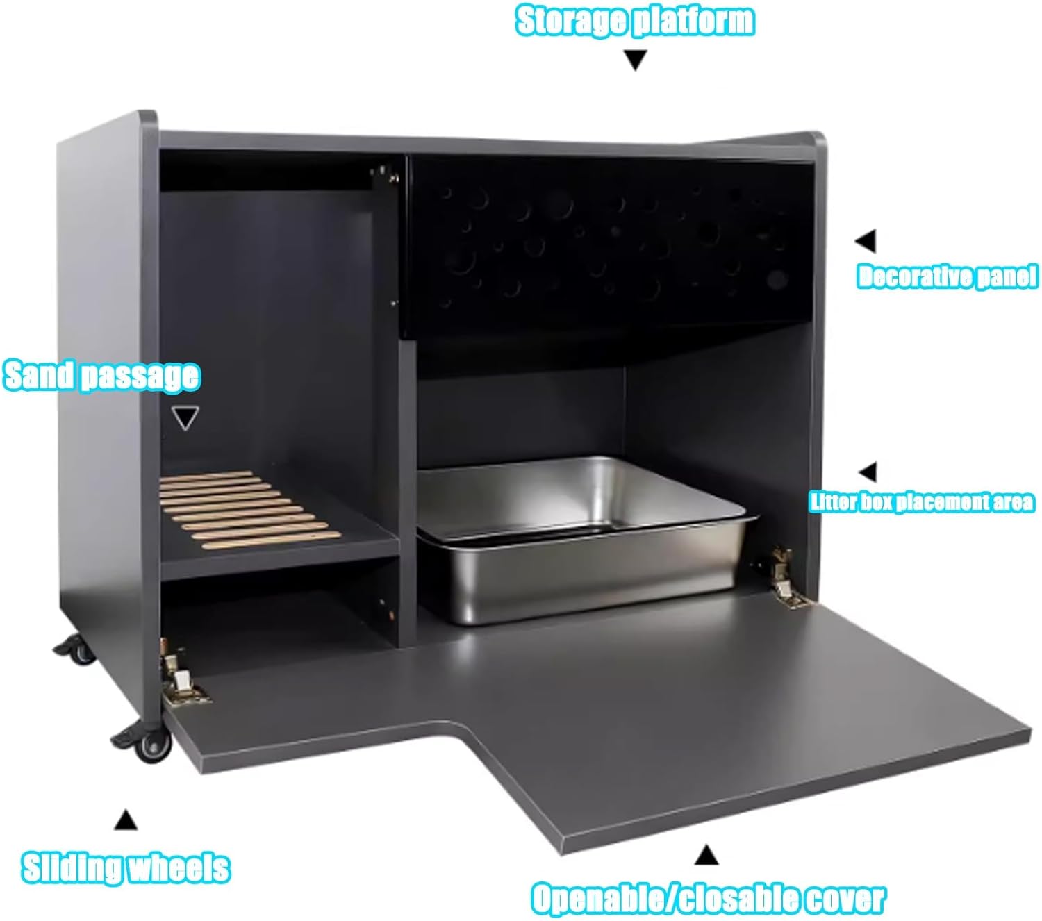 Vintage Style Cat Litter Box Enclosure, Wooden Semi-Enclosed Hidden Litter Box Cabinet, Movable Decorative Litter House with Sand Passage for Living Room, Bedroom(Gray)