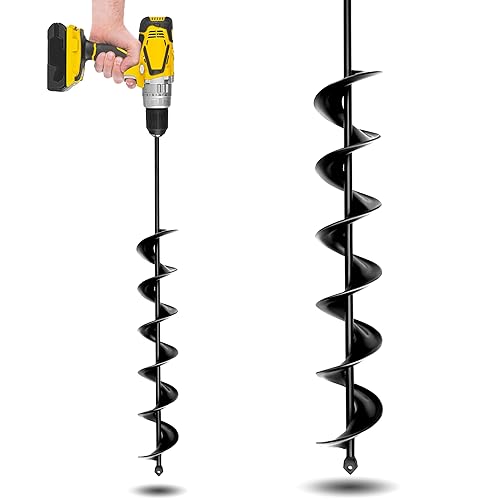 Broca de taladro de jardín de 3 x 24 pulgadas para plantar y excavar agujeros de poste, diseño en espiral mejorado, eje sólido, compatible con
