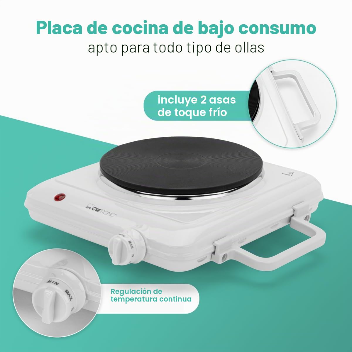 Placa de cocción individual Clatronic DKP 3582, 1500W, ideal para camping, cocina u oficina, placa de cocción grande Ø 18 cm, termostato regulable sin escalonamientos, indicador luminoso, blanco