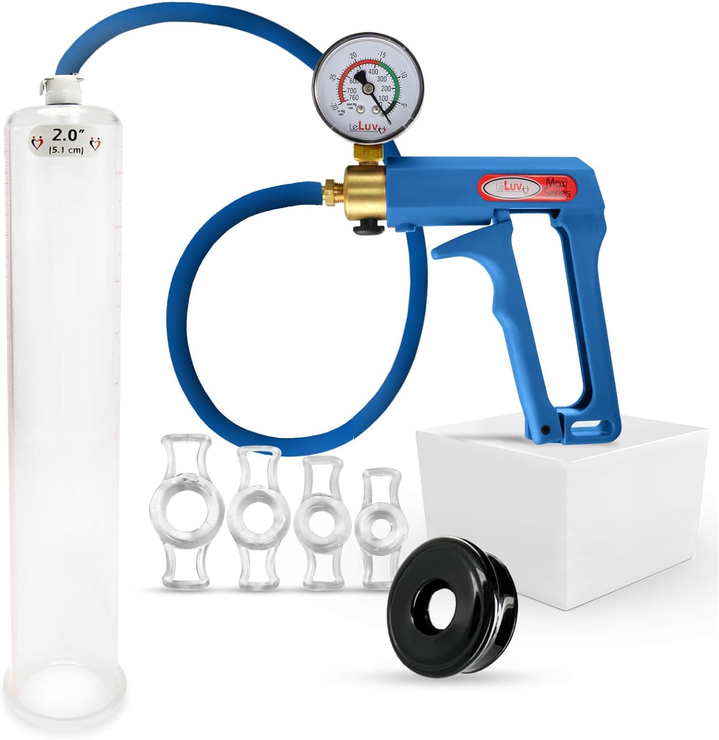 LeLuv Premium Penis Pump - Blue Maxi Handle + Vacuum Gauge, Uncollapsible Silicone Hose - Soft Black Sleeve and 4 Sizes of Constriction Rings - 12" x 2" Cylinder